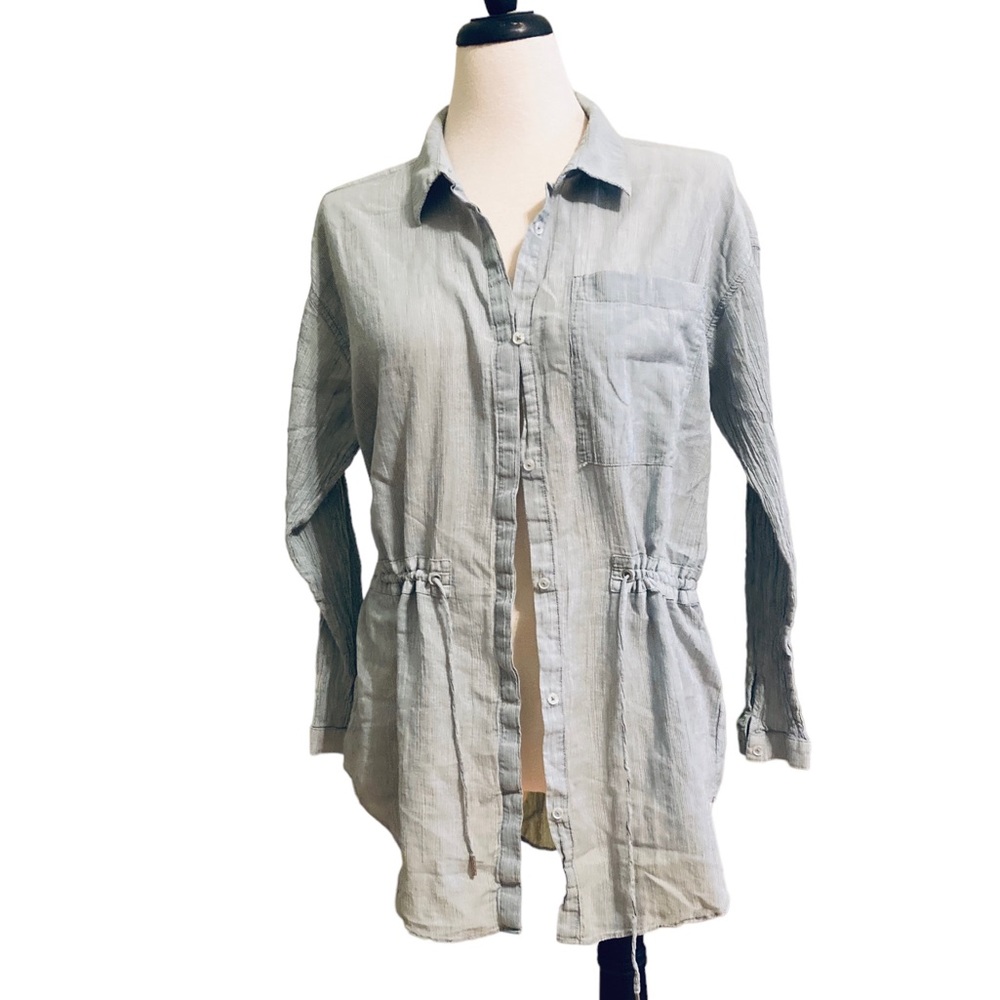 Anna, long sleeves, collar, button down top, blue gray cotton blend, size XL
